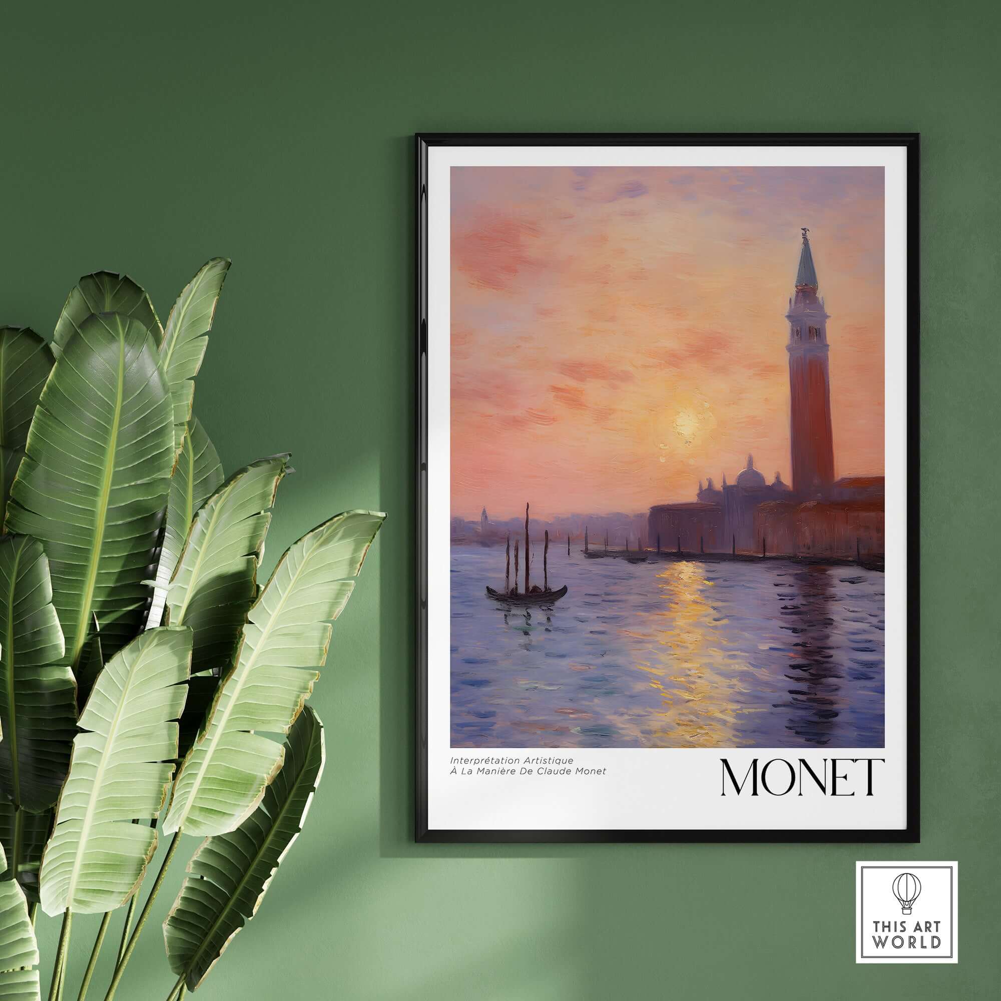 Monet Venice wall art featuring a sunset reflection over the canal with iconic Venetian architecture.