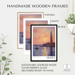 Monet Venice wall art displayed in handmade wooden frames in natural, white, and black finishes.