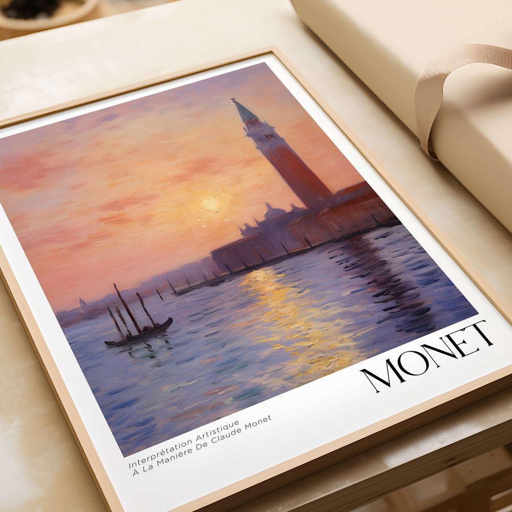Monet Venice wall art featuring a stunning sunset over Venetian canals and iconic architecture.