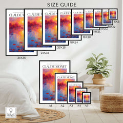 Claude Monet Vibrant Sunset Water Lilies Wall Art - Lake Reflection Print size guide showing various frame sizes