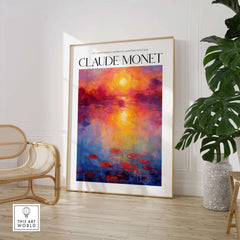 Claude Monet Vibrant Sunset Water Lilies Wall Art - Lake Reflection Print in elegant home setting with plants.