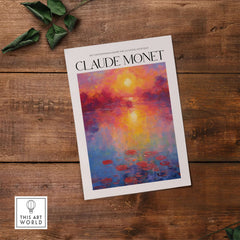 Claude Monet Vibrant Sunset Water Lilies Wall Art - Lake Reflection Print displayed on rustic wooden background