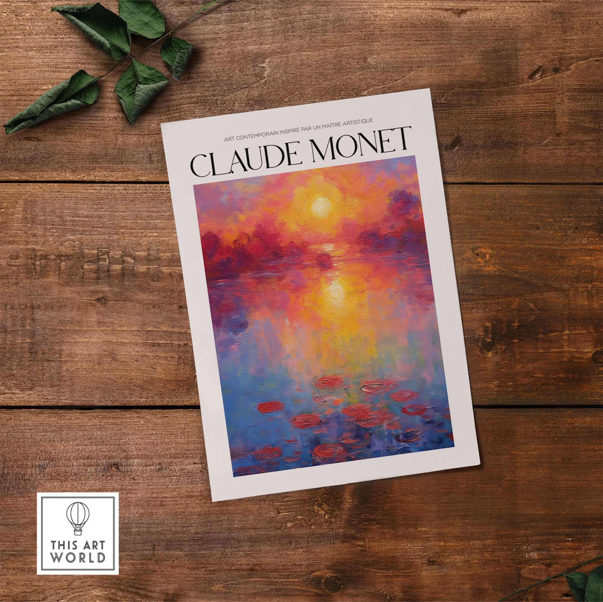 Claude Monet Vibrant Sunset Water Lilies Wall Art - Lake Reflection Print displayed on rustic wooden background