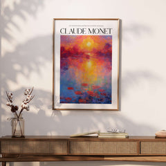 Claude Monet Vibrant Sunset Water Lilies Wall Art - Lake Reflection Print displayed in a stylish interior setting.