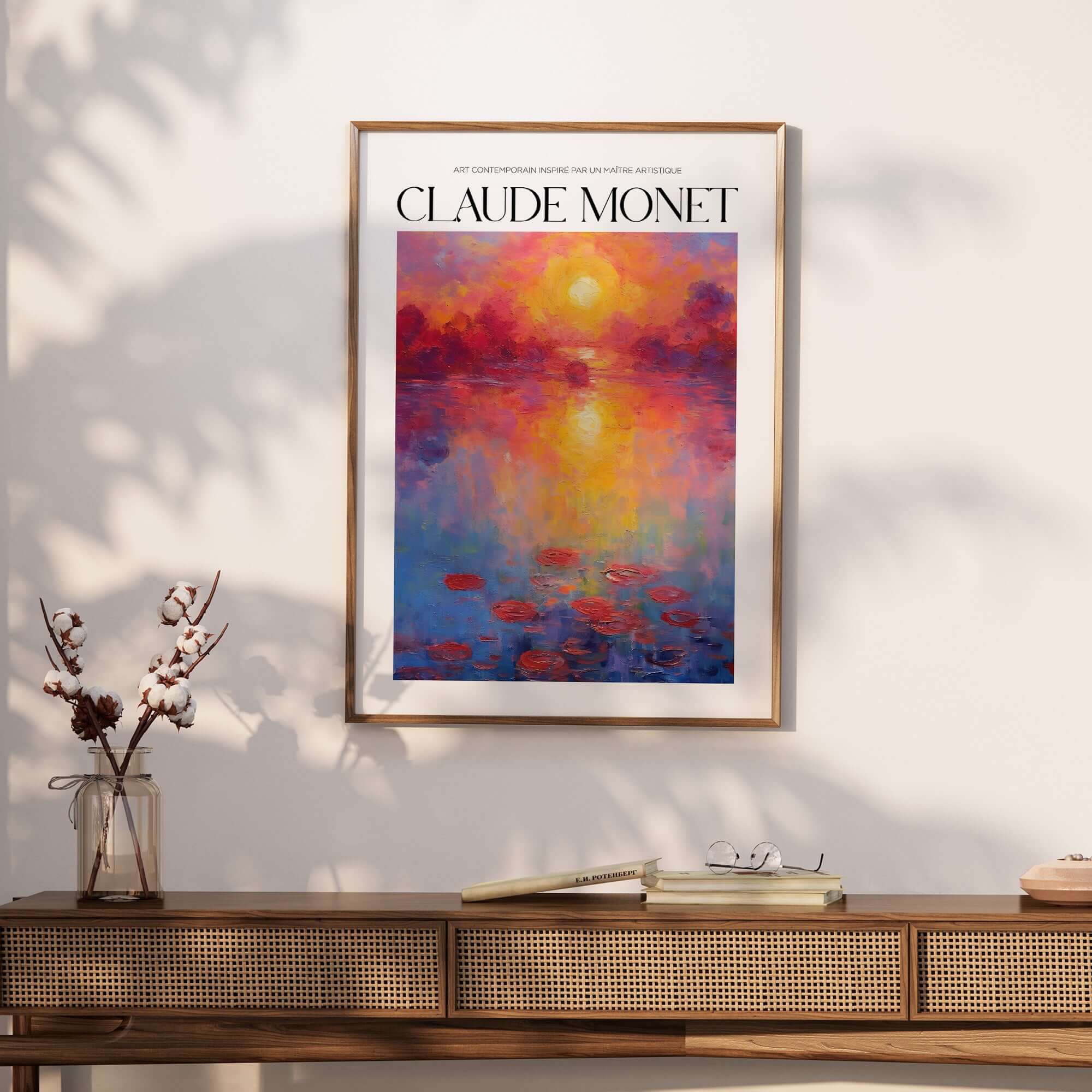 Claude Monet Vibrant Sunset Water Lilies Wall Art - Lake Reflection Print displayed in a stylish interior setting.
