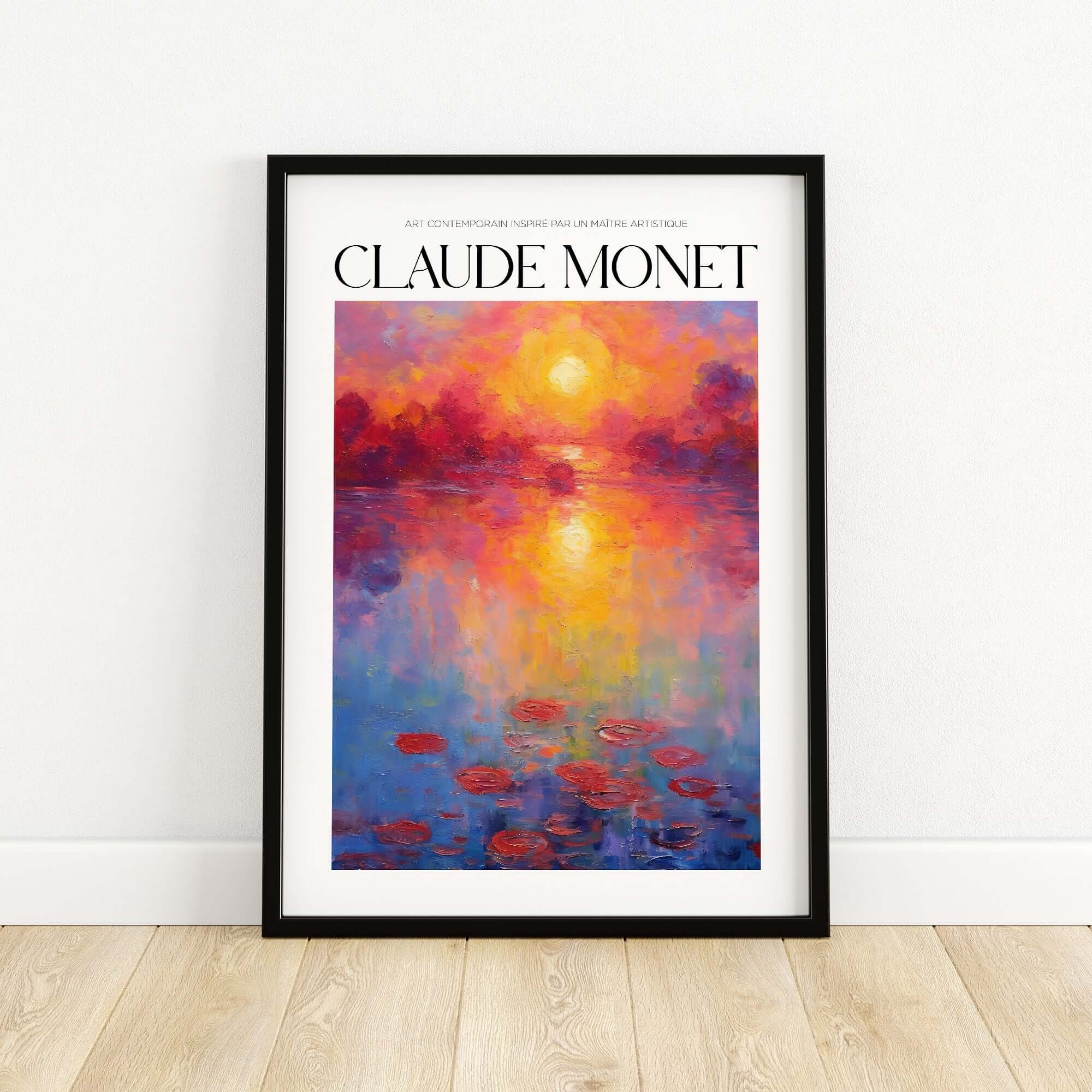 Claude Monet Vibrant Sunset Water Lilies Wall Art - Lake Reflection Print framed wall art showcasing a serene lake at sunset.