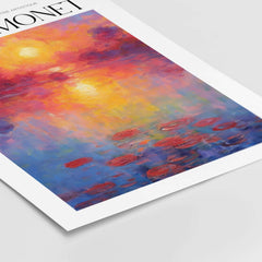 Claude Monet Vibrant Sunset Water Lilies Wall Art - Lake Reflection Print showcasing vibrant sunset colors on a lily-pad lake.