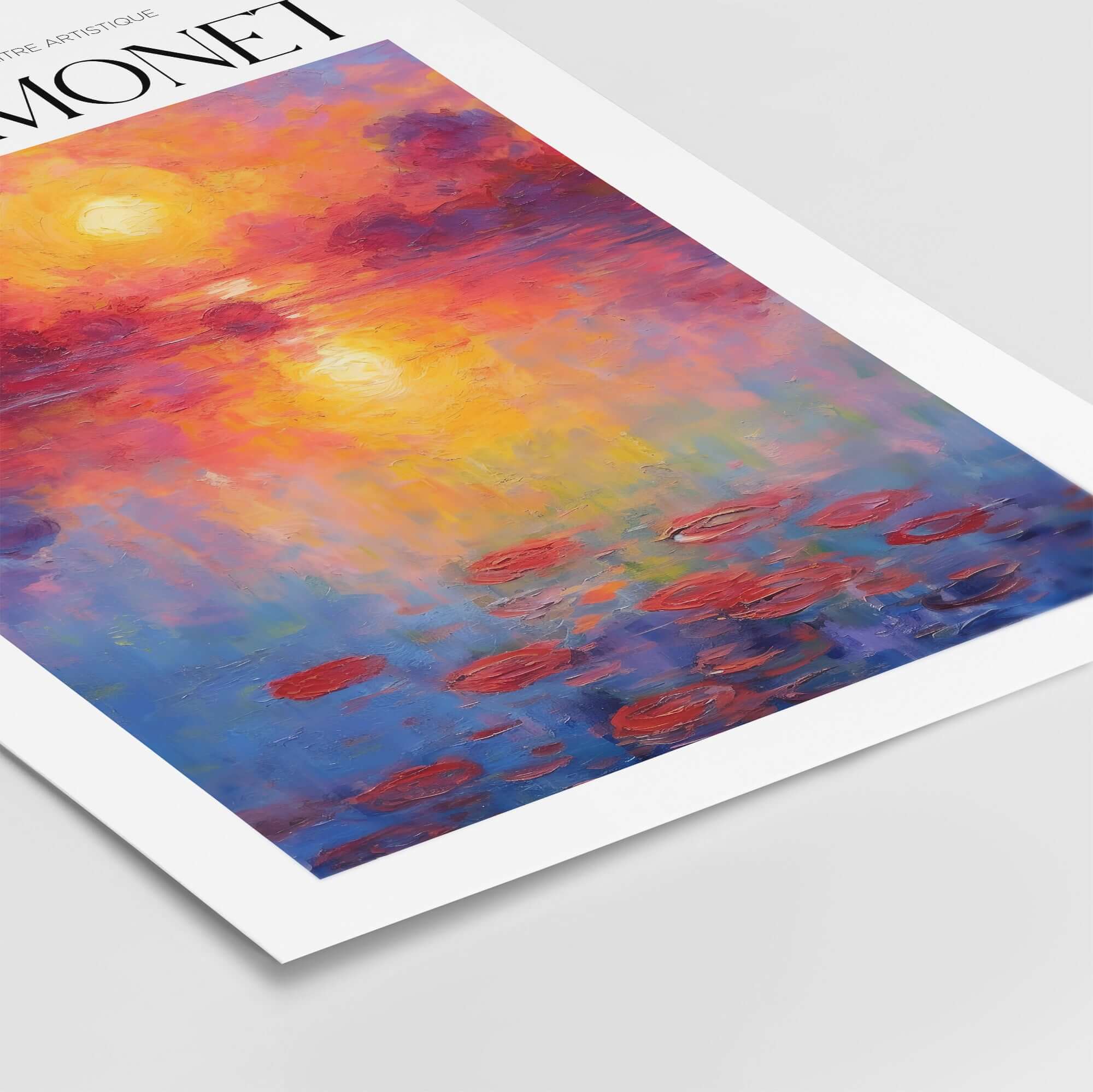 Claude Monet Vibrant Sunset Water Lilies Wall Art - Lake Reflection Print showcasing vibrant sunset colors on a lily-pad lake.