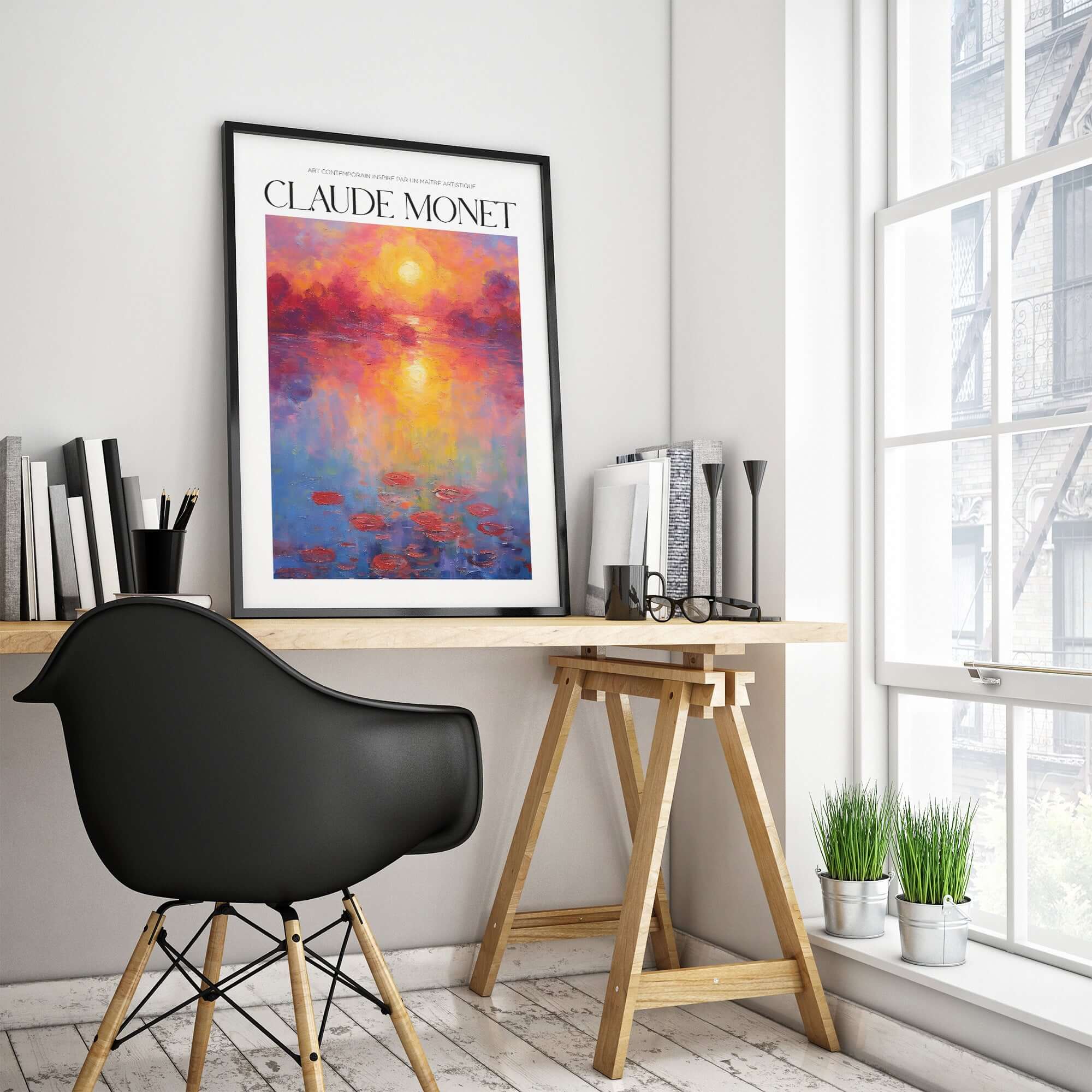 Claude Monet Vibrant Sunset Water Lilies Wall Art - Lake Reflection Print displayed in a modern workspace.