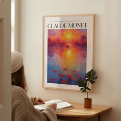 Claude Monet Vibrant Sunset Water Lilies Wall Art - Lake Reflection Print displayed in a cozy room with a woman reading.
