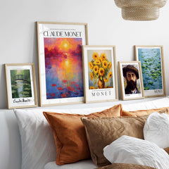 Claude Monet Vibrant Sunset Water Lilies Wall Art - Lake Reflection Print displayed in a cozy interior setting.