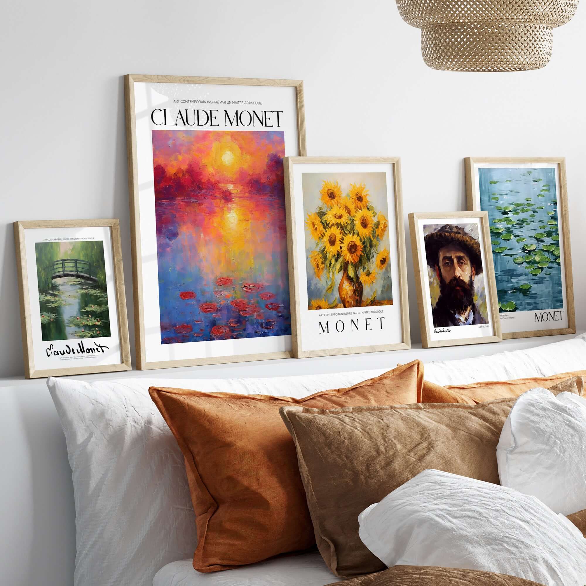 Claude Monet Vibrant Sunset Water Lilies Wall Art - Lake Reflection Print displayed in a cozy interior setting.