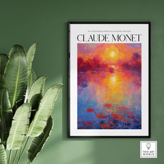Claude Monet Vibrant Sunset Water Lilies Wall Art - Lake Reflection Print displayed on a wall with green plants