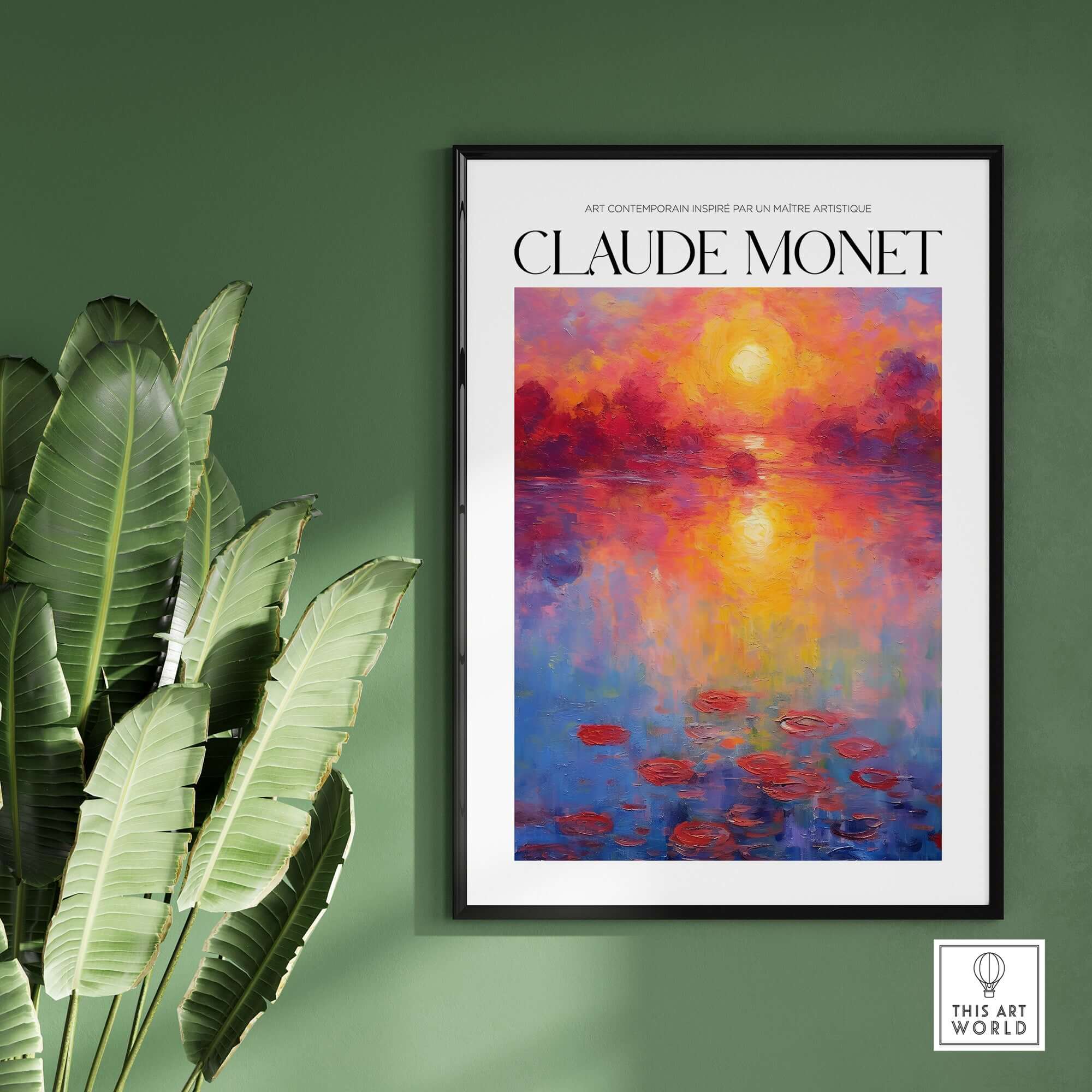 Claude Monet Vibrant Sunset Water Lilies Wall Art - Lake Reflection Print displayed on a wall with green plants