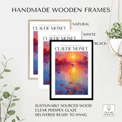 Handmade wooden frames for Claude Monet Vibrant Sunset Water Lilies Wall Art - Lake Reflection Print in natural, white, and black.