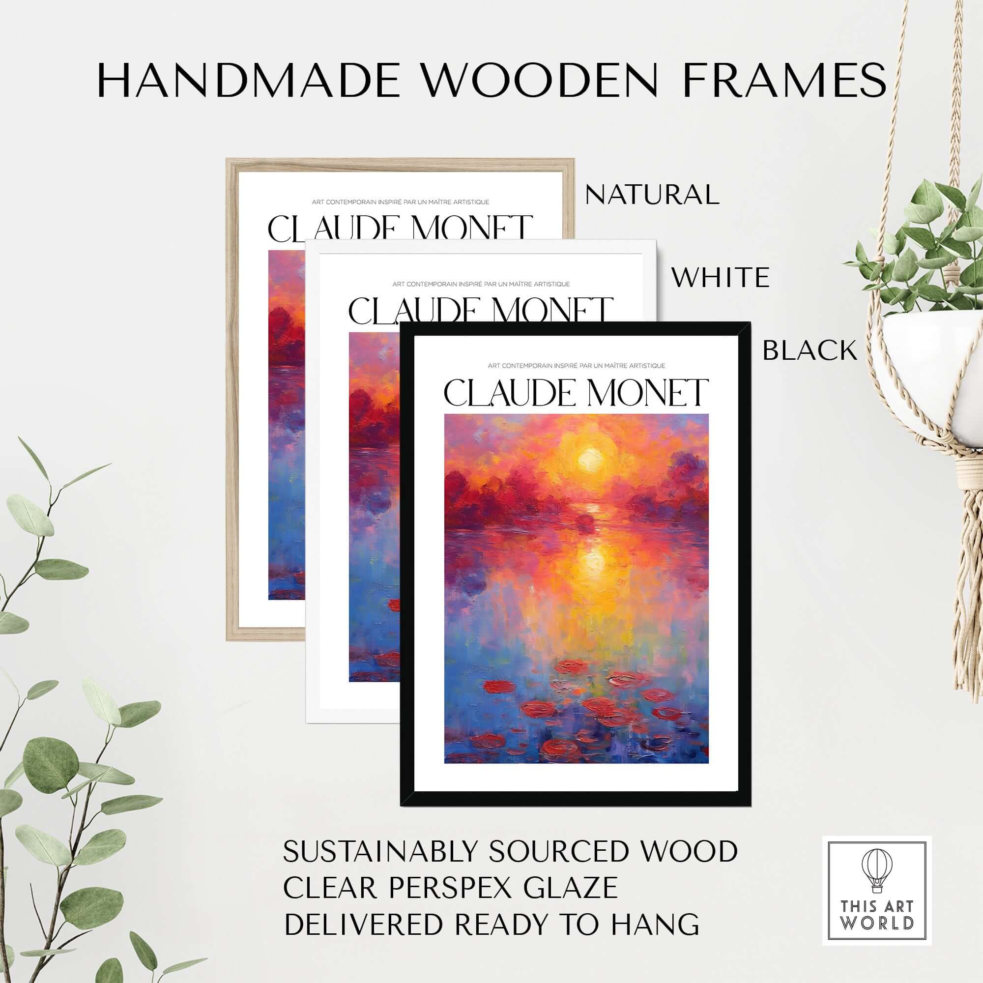 Handmade wooden frames for Claude Monet Vibrant Sunset Water Lilies Wall Art - Lake Reflection Print in natural, white, and black.