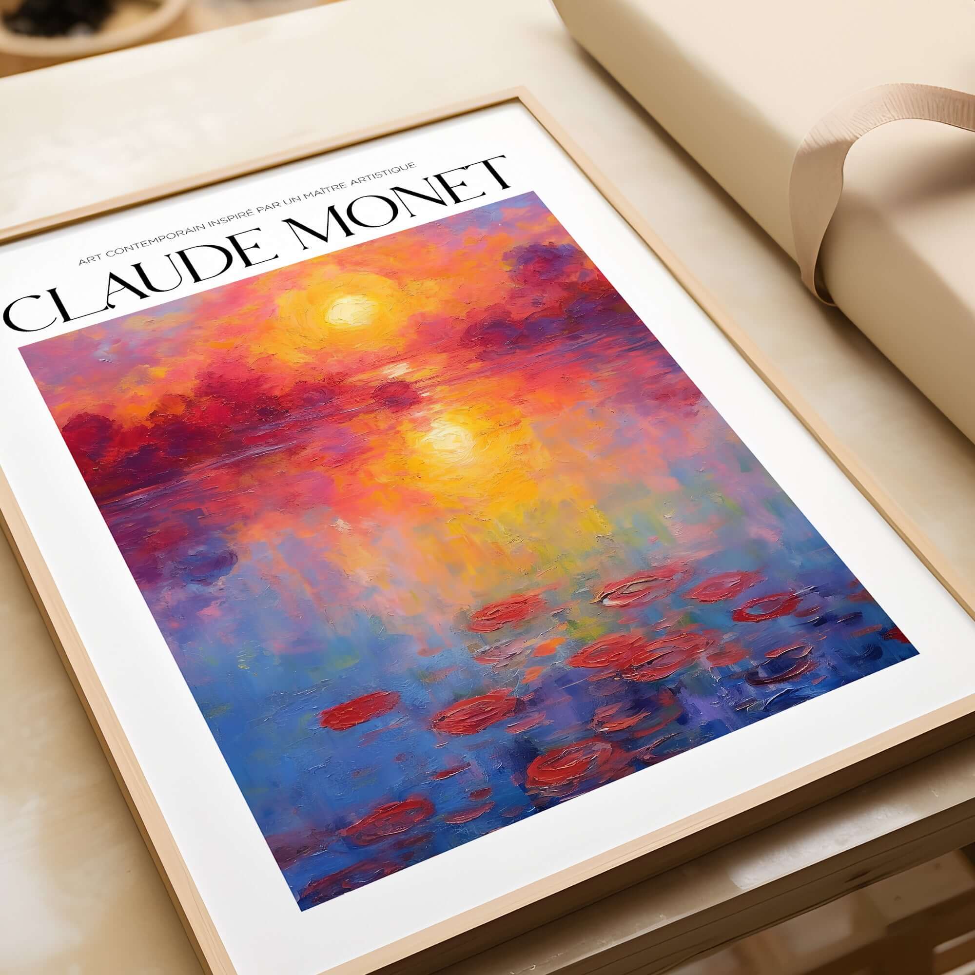 Claude Monet Vibrant Sunset Water Lilies Wall Art - Lake Reflection Print in a colorful frame on a wooden surface.