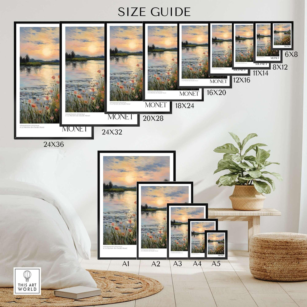 Claude Monet Wall Art Print - Sunset River Poppies size guide with various frame options against a cozy room backdrop.