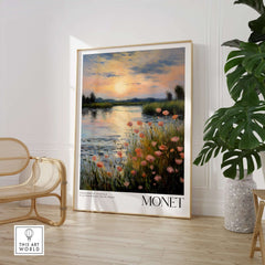Claude Monet Wall Art Print - Sunset River Poppies artwork featuring pink and orange poppies by a riverside at sunset.