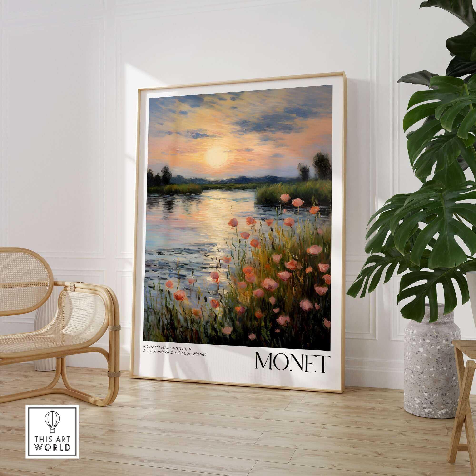 Claude Monet Wall Art Print - Sunset River Poppies artwork featuring pink and orange poppies by a riverside at sunset.