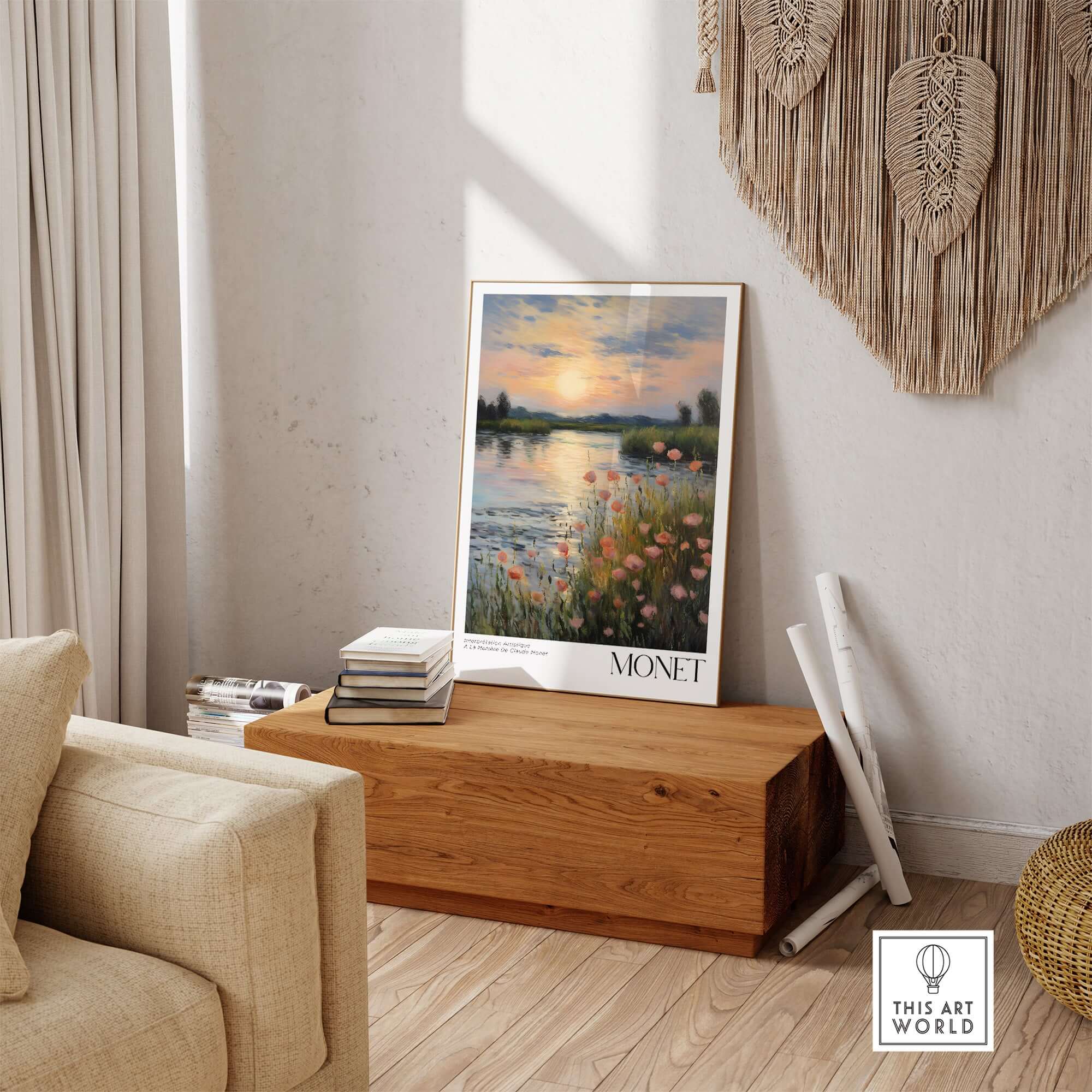 Claude Monet Wall Art Print - Sunset River Poppies displayed in a modern living room with warm hues and floral accents.