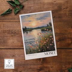 Claude Monet Wall Art Print - Sunset River Poppies showcasing serene river at sunset with pink poppies.