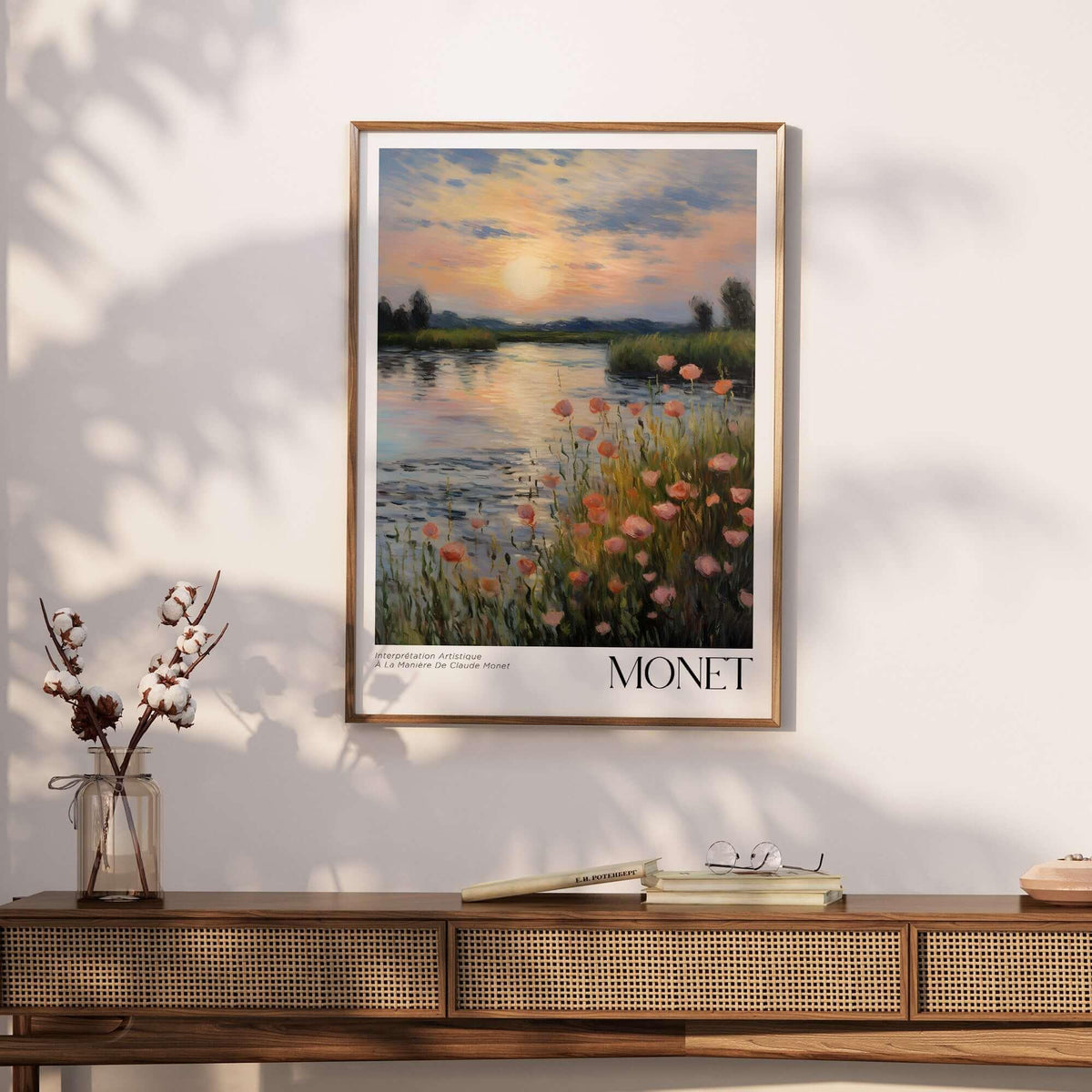 Claude Monet Wall Art Print - Sunset River Poppies displayed in a modern interior setting.