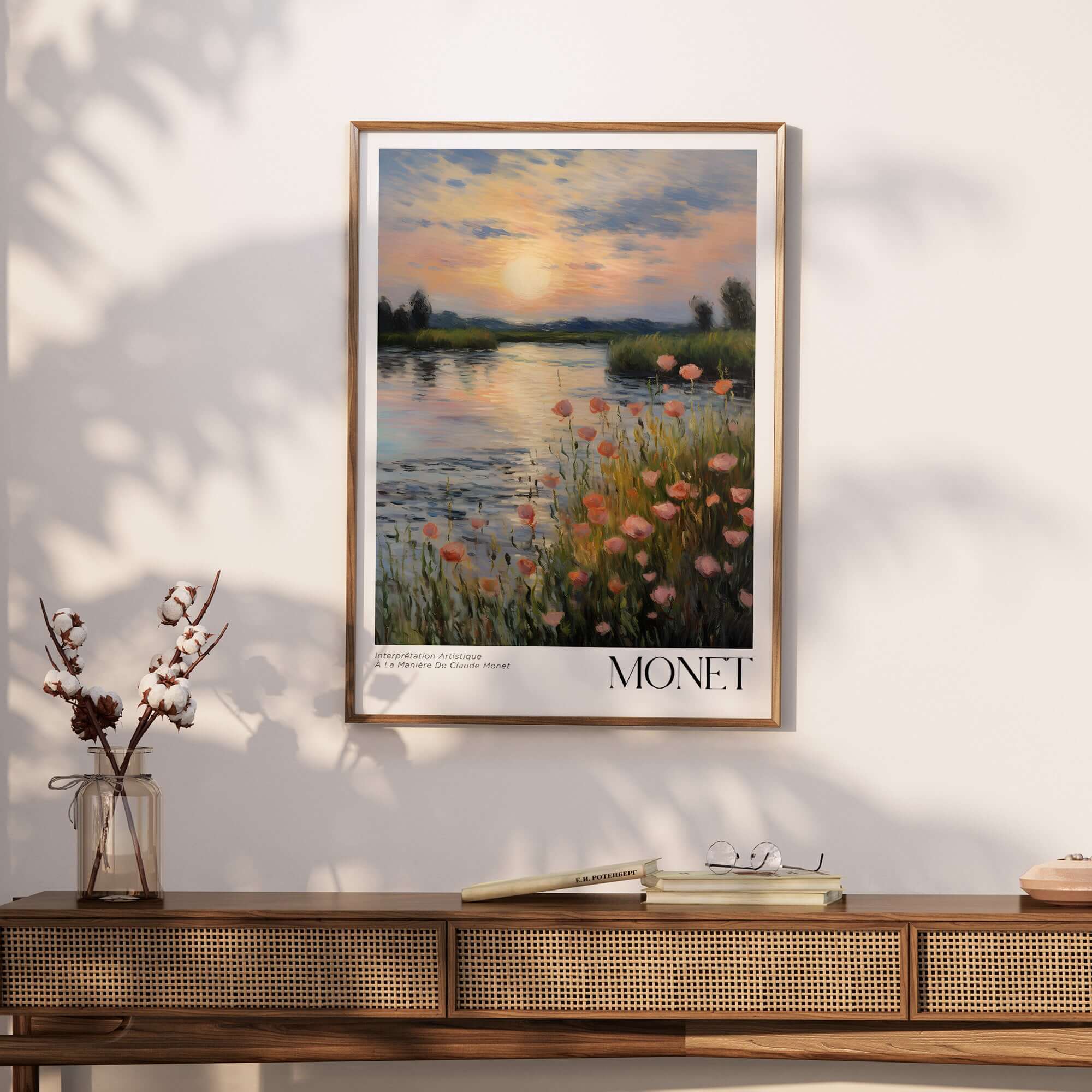 Claude Monet Wall Art Print - Sunset River Poppies displayed in a modern interior setting.