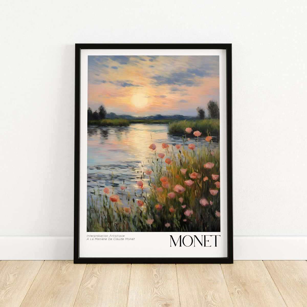 Claude Monet Wall Art Print - Sunset River Poppies featuring a serene river and blooming poppies at sunset.