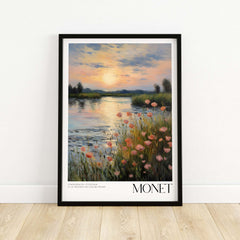 Claude Monet Wall Art Print - Sunset River Poppies featuring a serene river and blooming poppies at sunset.