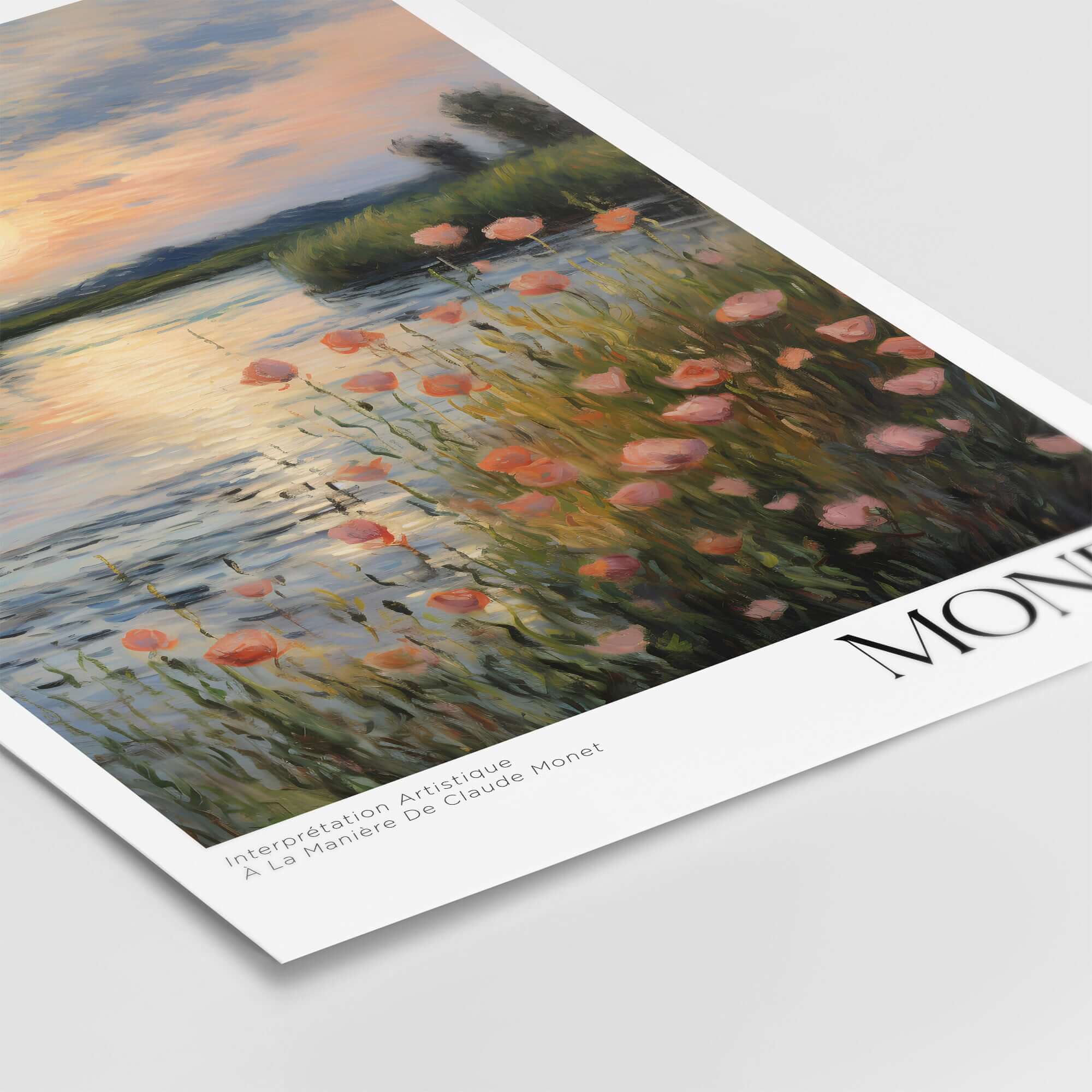 Claude Monet Wall Art Print - Sunset River Poppies featuring blooming pink and orange poppies by a serene river at sunset.