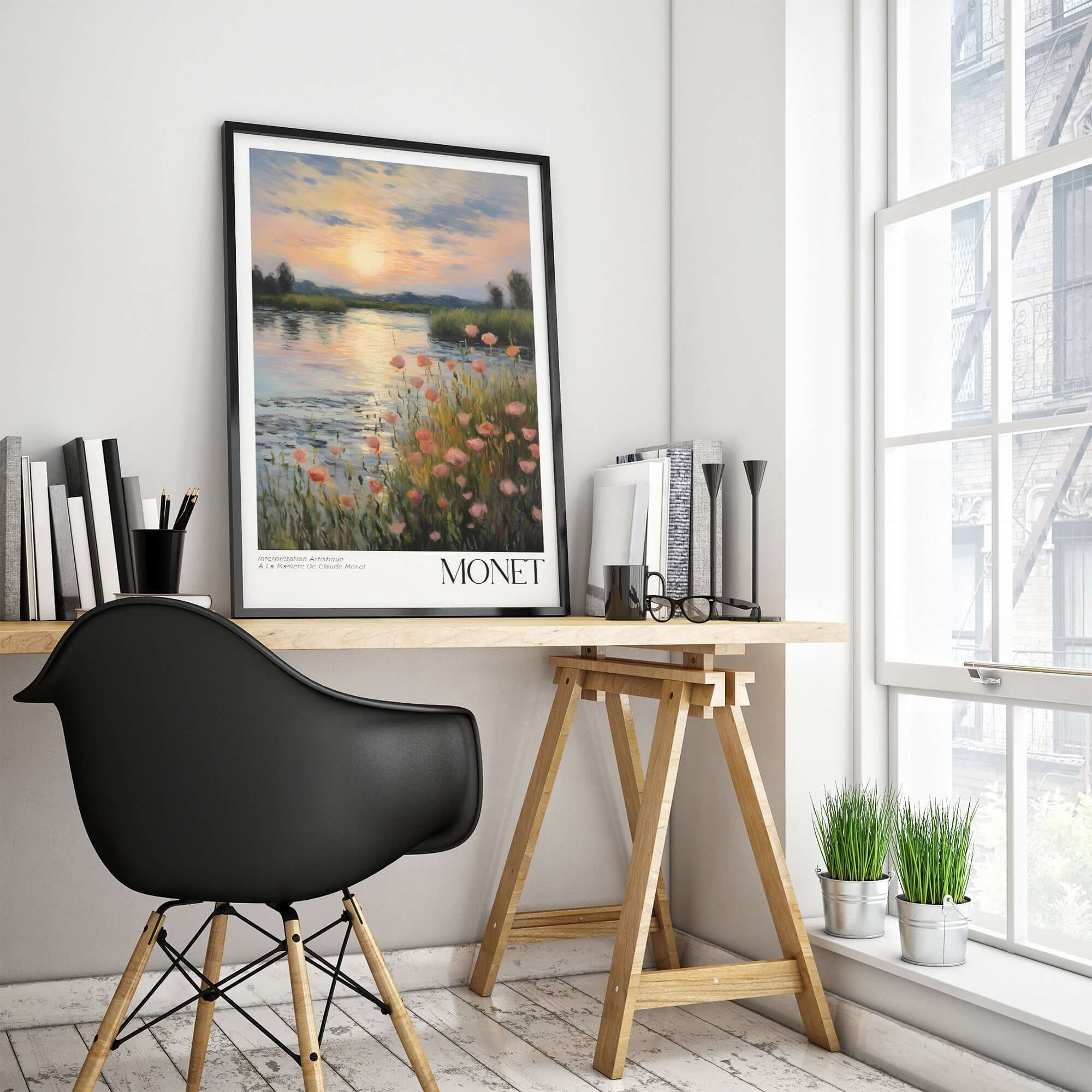 Claude Monet Wall Art Print - Sunset River Poppies displayed in a modern home office with a stylish black chair.