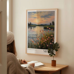 Claude Monet Wall Art Print - Sunset River Poppies depicting serene sunset over river with blooming poppies.