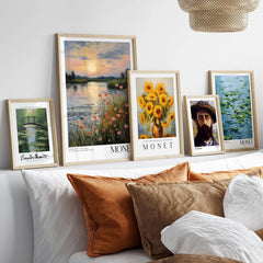 Claude Monet Wall Art Print - Sunset River Poppies and other Monet prints displayed on a stylish shelf above a cozy sofa.