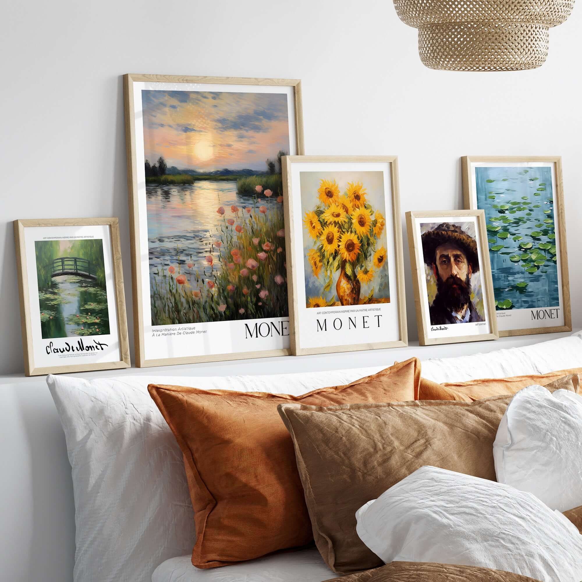 Claude Monet Wall Art Print - Sunset River Poppies and other Monet prints displayed on a stylish shelf above a cozy sofa.