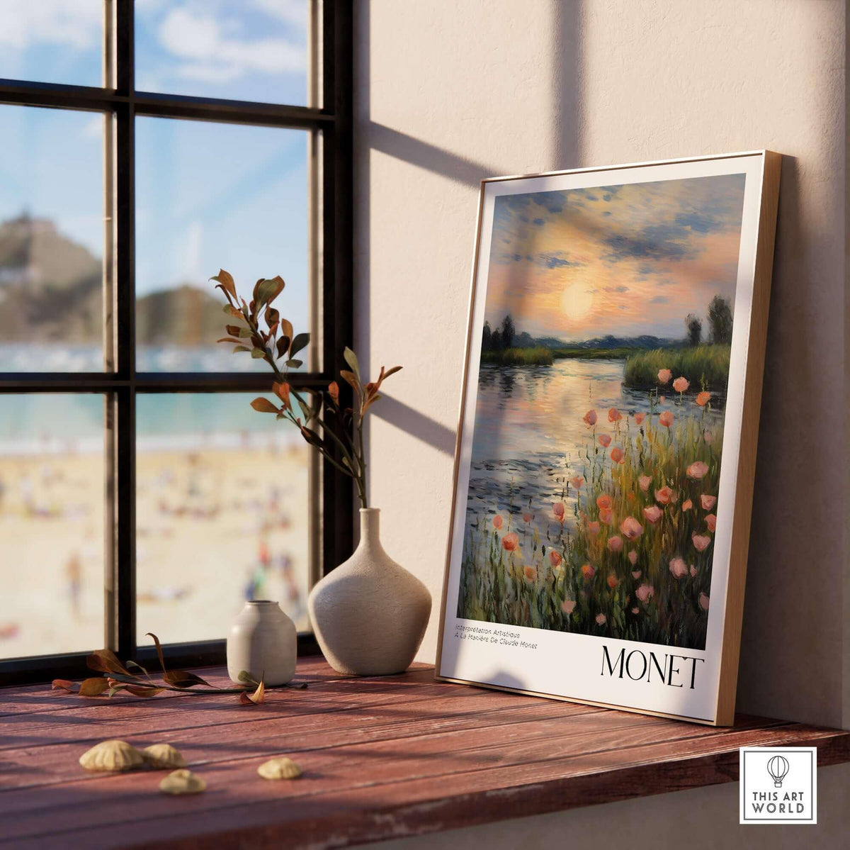 Claude Monet Wall Art Print - Sunset River Poppies displayed in a serene interior setting with a riverside view.