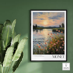 Claude Monet Wall Art Print - Sunset River Poppies featuring pink poppies by a tranquil riverside sunset.