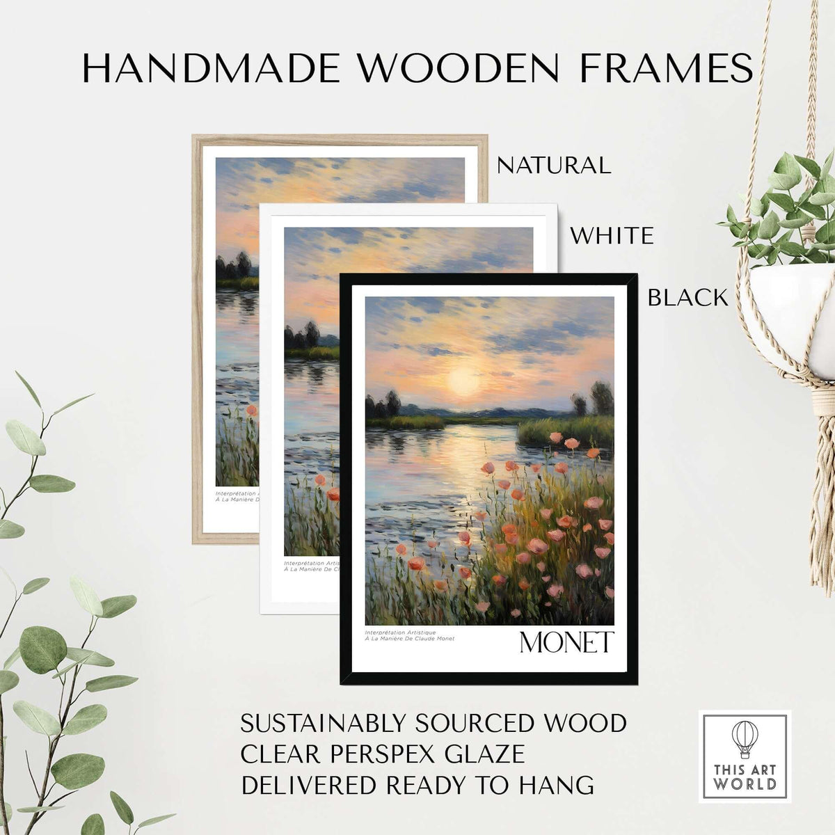 Handmade wooden frames for Claude Monet Wall Art Print - Sunset River Poppies in natural, white, and black options.