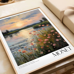 Claude Monet Wall Art Print - Sunset River Poppies showcasing poppies by a serene river at sunset.
