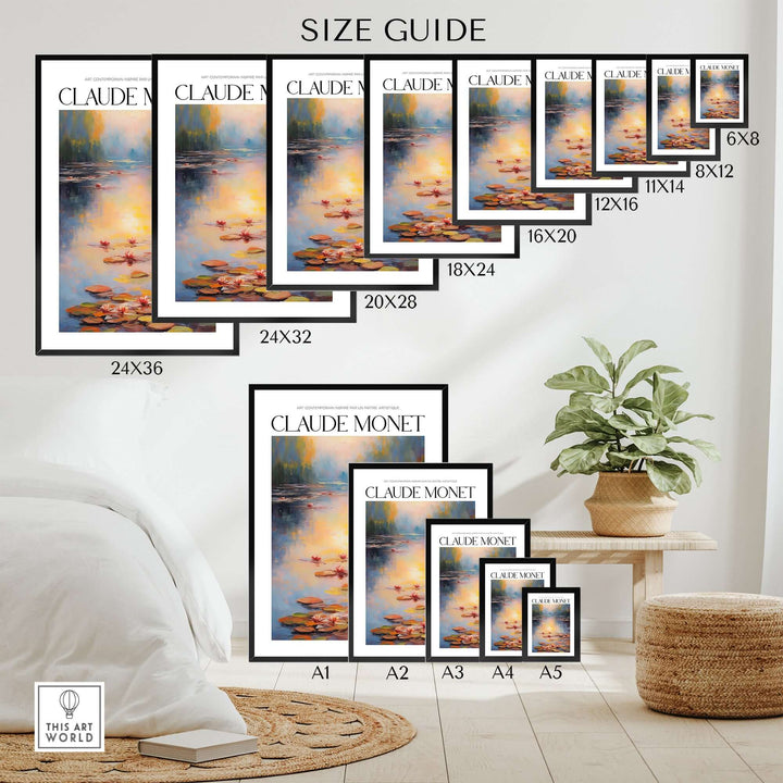 Size guide for Claude Monet wall art print with various frame sizes displayed in a cozy home setting.