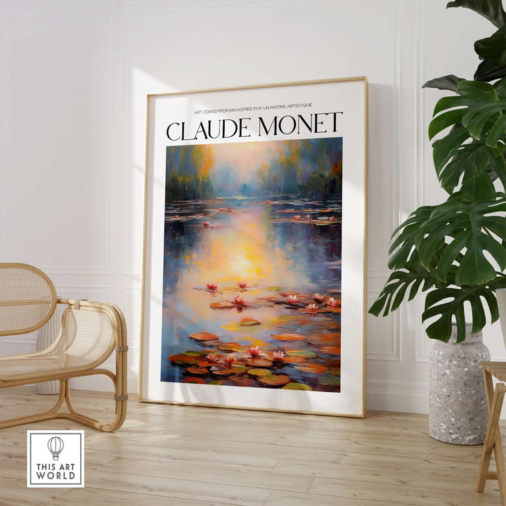 Claude Monet wall art print featuring pink water lilies on a serene pond, vintage decor for home interiors.