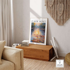 Claude Monet Wall Art Print - Vintage Home Decor Poster Impressionist Artwork displayed in a cozy room with a wooden box.