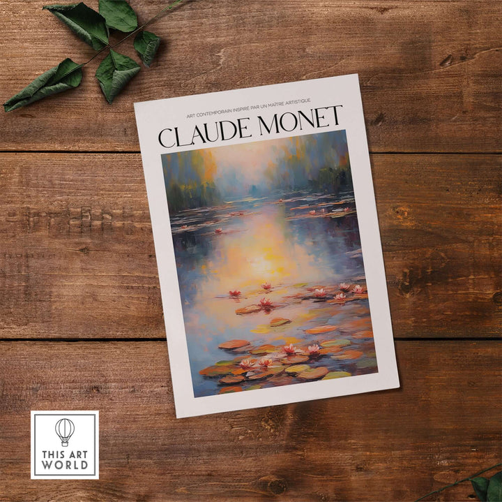Claude Monet vintage wall art print featuring pink water lilies on a serene pond, perfect for home decor.