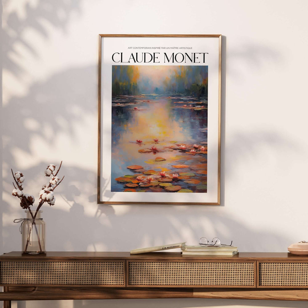 Claude Monet wall art print featuring pink water lilies on a serene pond, ideal for vintage home decor.