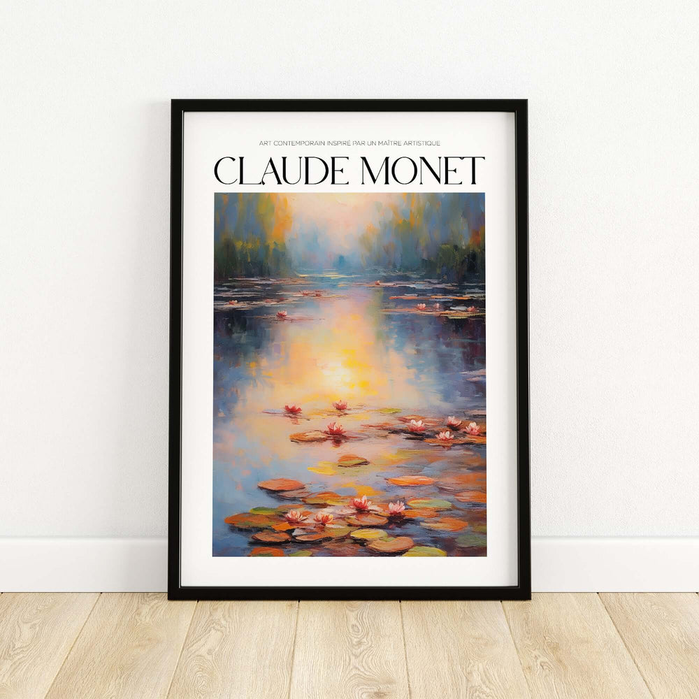 Claude Monet wall art print featuring a serene pond with water lilies and golden sunlight reflections.