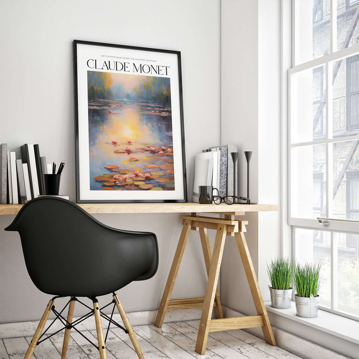 Claude Monet wall art print featuring serene water lilies in a stylish home office decor setting.