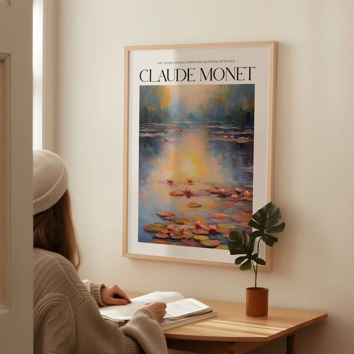 Claude Monet wall art print featuring a serene pond with water lilies and soft sunlight reflection in vintage home decor.
