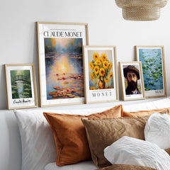 Claude Monet Wall Art Print - Vintage Home Decor Poster Impressionist Artwork displayed on a shelf above decorative pillows.