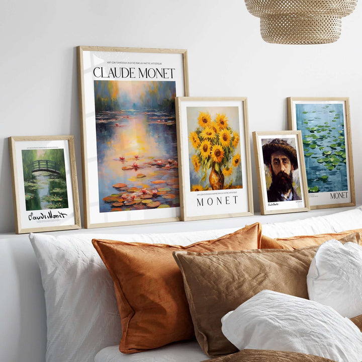 Claude Monet wall art prints displayed on a shelf above a cozy bed, featuring vibrant Impressionist artwork.