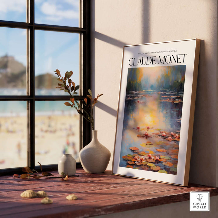Claude Monet wall art print showcasing water lilies, framed in a sunlit room with a beach view.